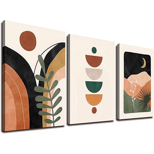 Orange Minimalist Boho Wall Art Geometry Neutral Abstract Art Modern 3 Pieces Stretched and Framed Artwork HD Pictures Canvas Prints Wall Art for Bedroom Office Home Bathroom Wall Decor 12"x16"x3