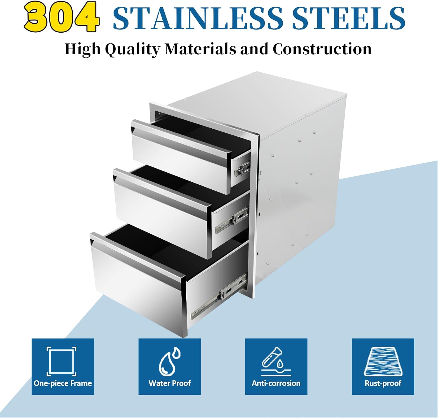 Outdoor Kitchen Drawers 18"Wx23"Hx23"D Flush Mount Access 3-Drawer BBQ Stainless Steel Drawers for Outdoor Kitchen Island or Grill Station