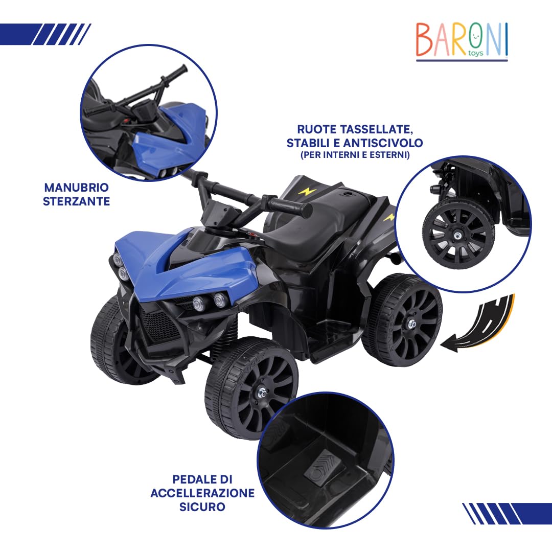 Baroni Toys Quad Elettrico per Bambini 1-4 Anni con Manubrio Sterzante, Musica e Luci Funzionanti, Quad con Modalità Avanti/Retro, Batteria 6 V Ricaricabile, Facile da Montare, 70x42x45 cm, Blu
