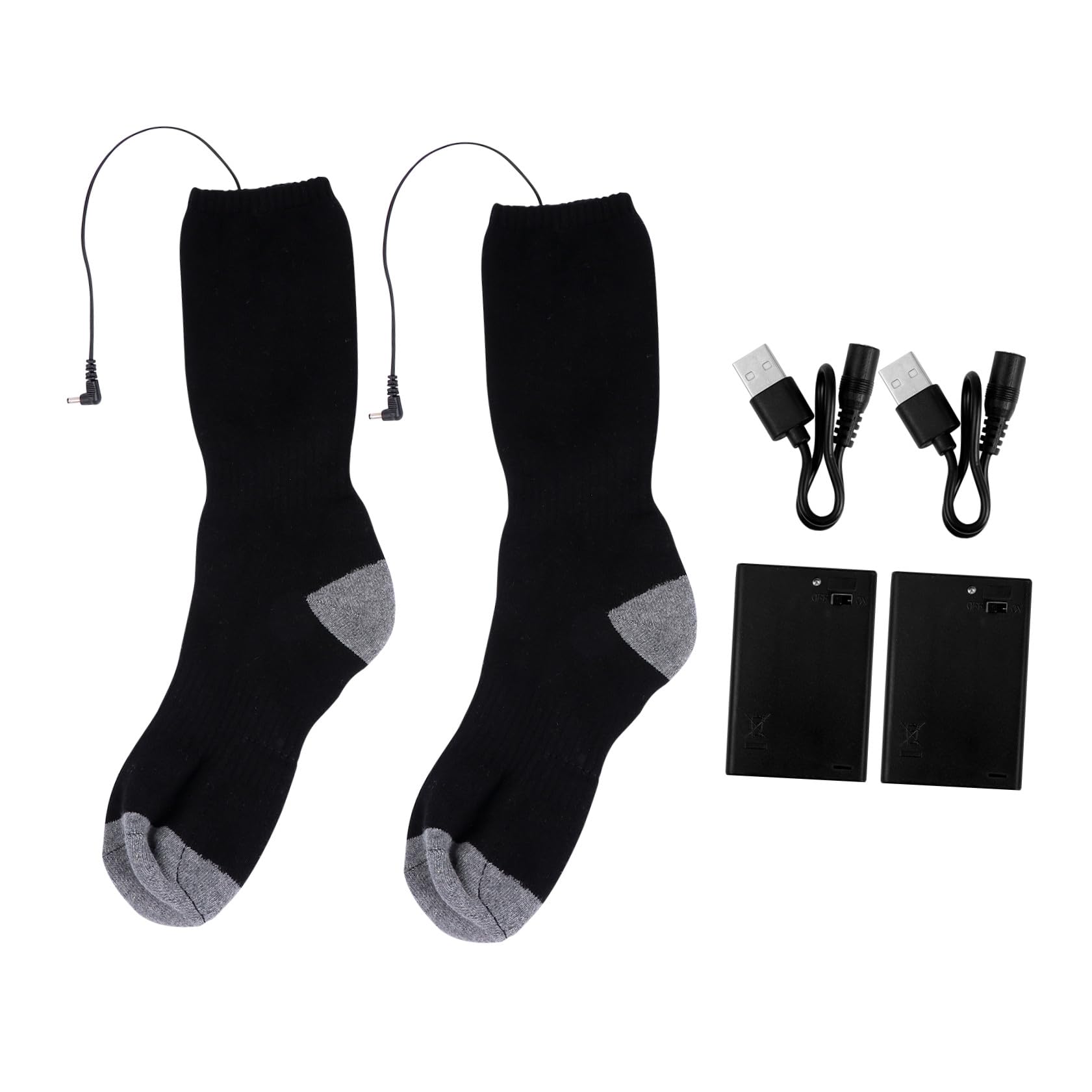 CALLARON Calcetines Calefactables para Invierno USB, Calcetín Térmico de Poliéster Negro y Gris, Pack 3 Piezas 1 Par de Calcetines, 2 Cajas de Baterías y 2 Cables USB, Ideales para