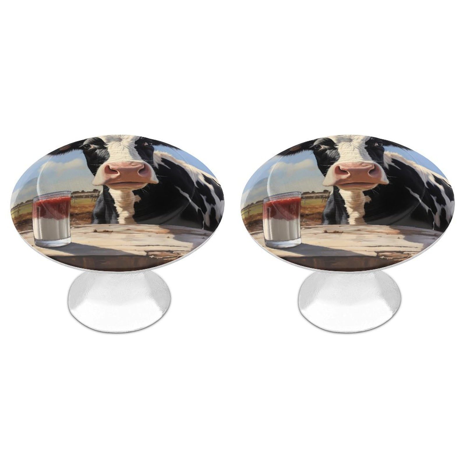 Moo Cow and Milk Cabinet Knobs Drawer Pull Handle Round Kitchen Cupboard Wardrobe Knobs Cabinet Decorative 2 PCS