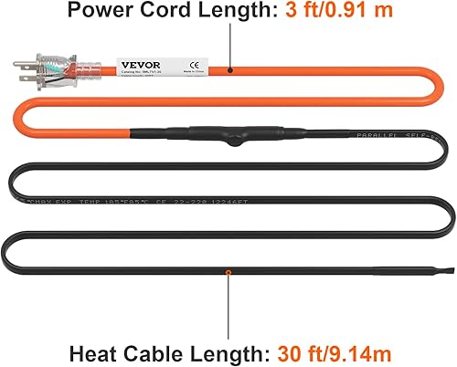 Miniatura 8 de VEVOR Cable de calefacción de tubería autorregulante cinta de calor de 6 pies y 5 pies para tuberías de protección contra congelación protege la