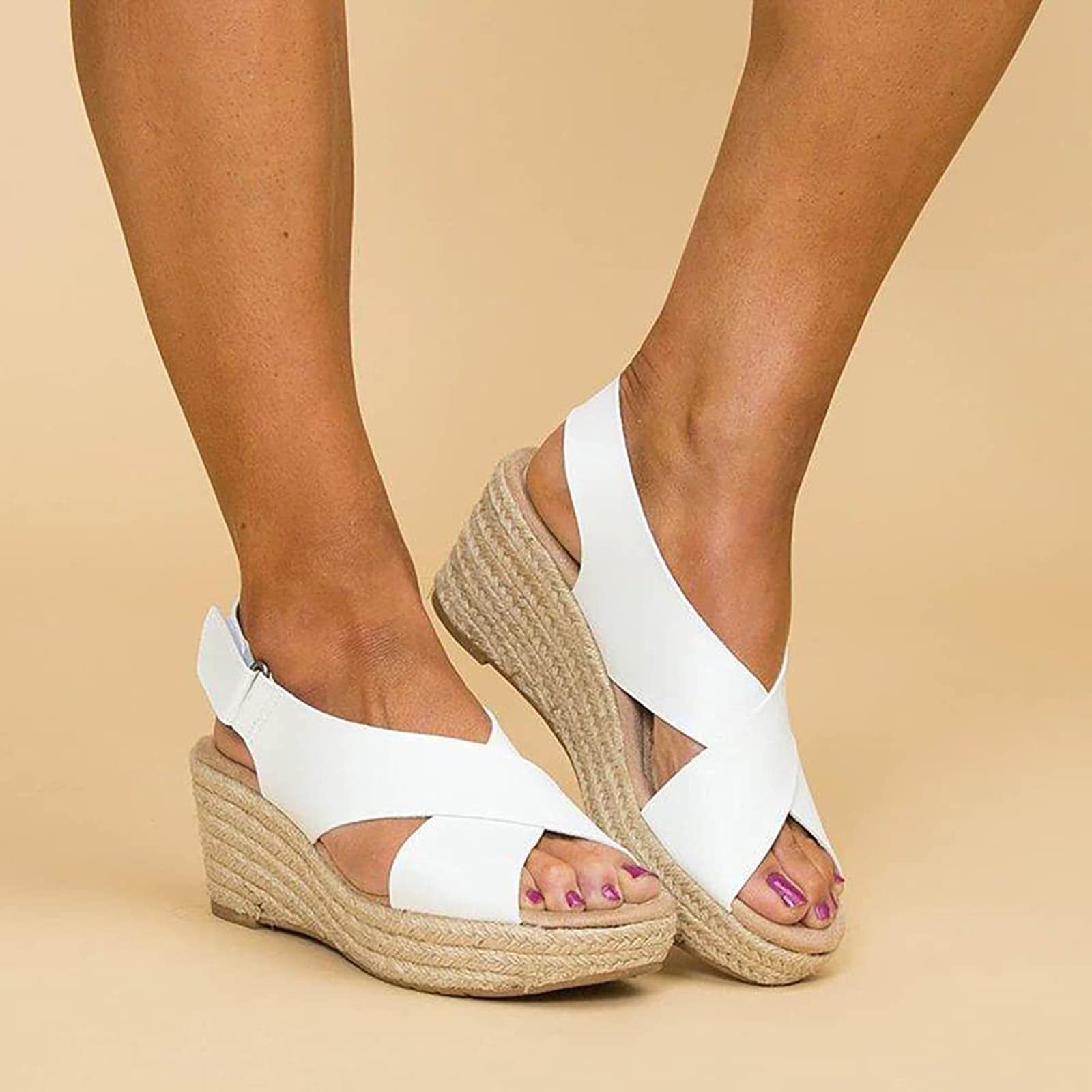 HHZY Sandals Womens Wedge Summer Ladies Faux Leather Sandal Open Toe Platform Walking Shoes Thick Bottom Buckle Ankle Strap Comfortable Shoes,White,US6/EU37