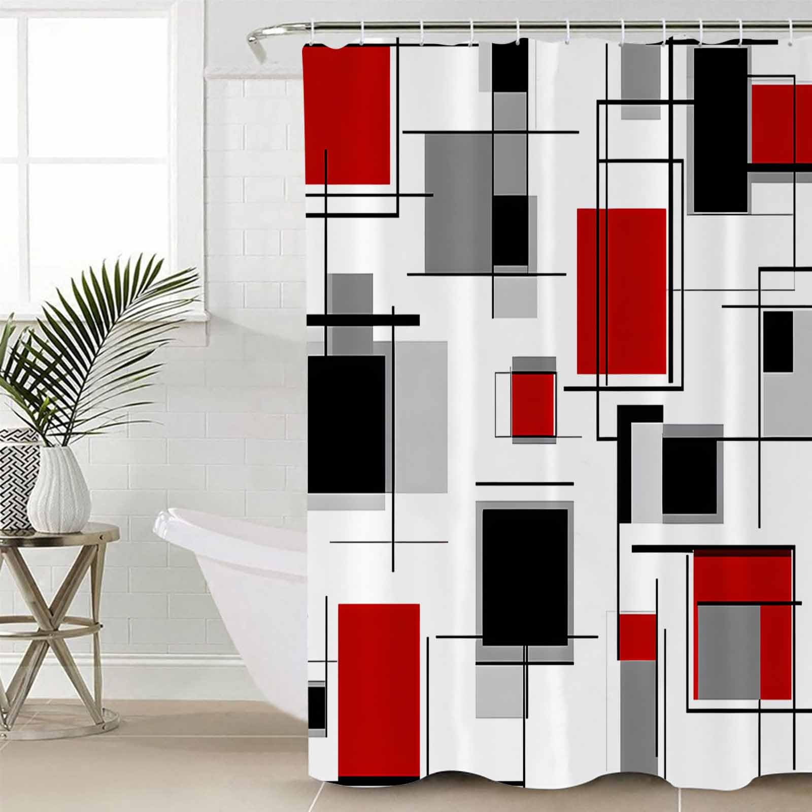 Red White Modern Shower Curtain Set with Hook 72"x72",Black Grey Geometric Color Block Boho Washable Cloth Polyester Fabric Shower+Curtain,Waterproof