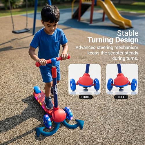 Image of Baybee Rydon Kids Scooter with 3 Height Adjustments | Portable Kick Scooter with PU LED Lights & Rear Brake | 3 Wheel Skating Scooter | Runner Scooter for Kids 2 to 10 Years Boys Girls (RED)