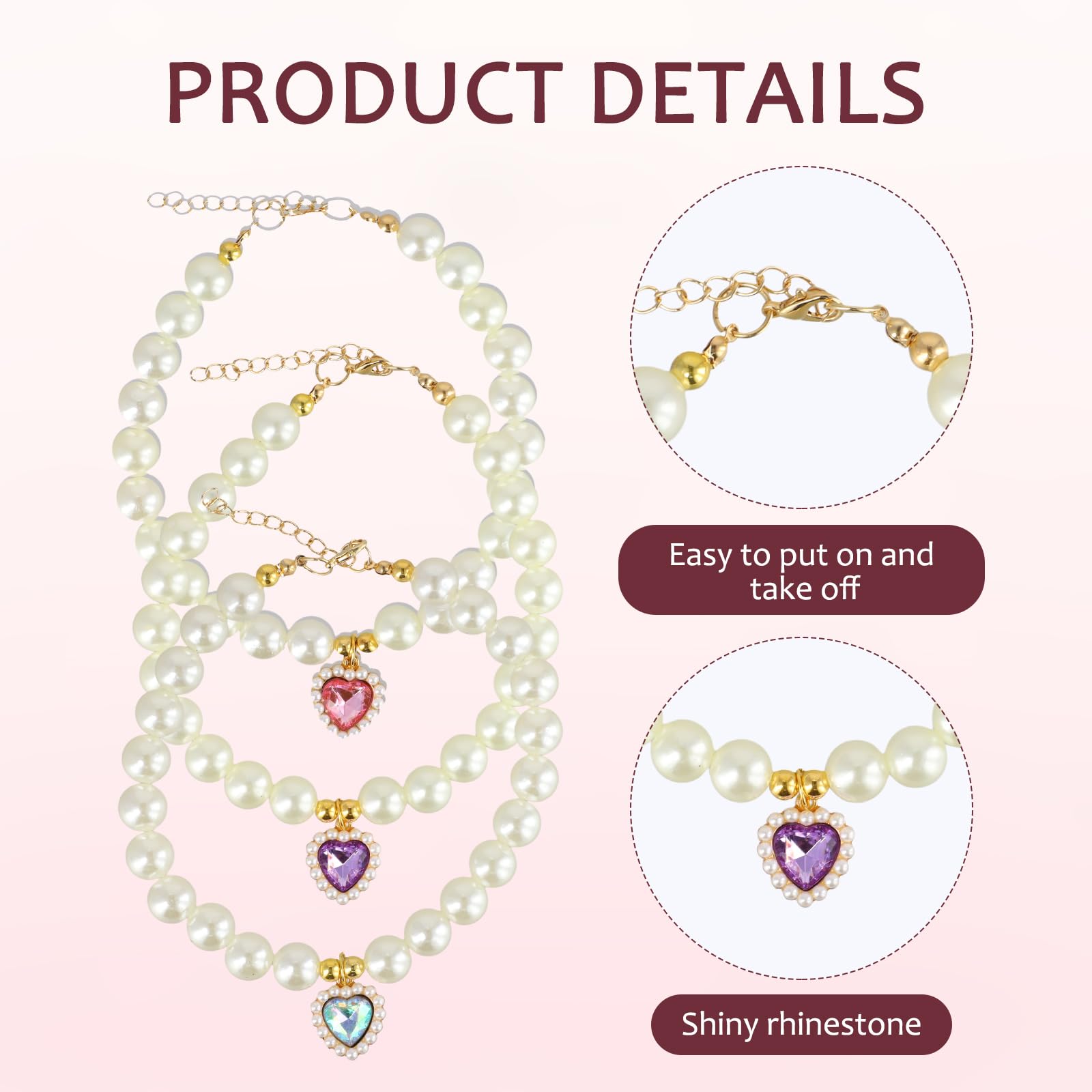 3 collares de perlas para gatos con colgante de corazón, collar de perlas ajustables para gatos, perros, bodas, fiestas, accesorios de joyería para mascotas para perros pequeños y gatos