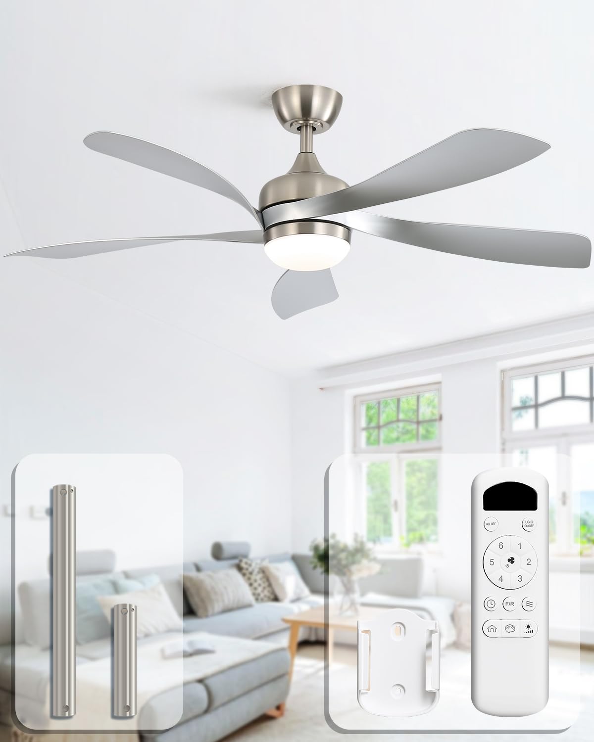 Sofucor Silent LED Ceiling Fan with light, brushed nickel finish and five silver blades.