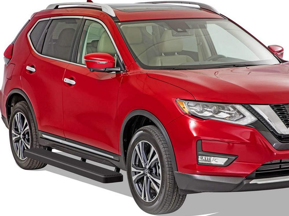 APS iBoard running board installed on a red Nissan Rogue, side view