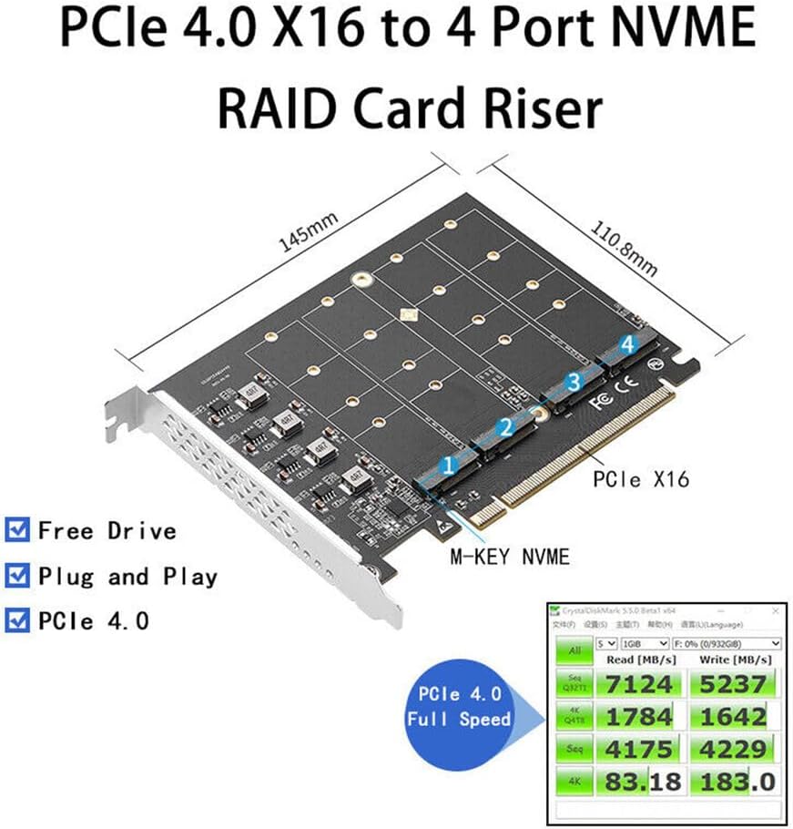 Quad NVMe PCIe Adapter 4 Port M.2 NVMe M KEY SSD to PCIe 4.0 X16 Card Speed EX