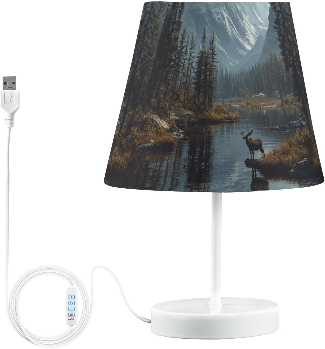 Wild Moose Mountain Bedside Table Lamp for Bedroom Nightstand Lamp Small with Fabric Shade LED 3 Way Dimmable USB Ports for Living Room Desk