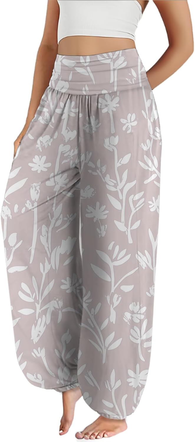 Harem Pants for Women Trendy Boho Floral High Waisted Yoga Pants Casual Flowy Lounge Trousers with Pocket