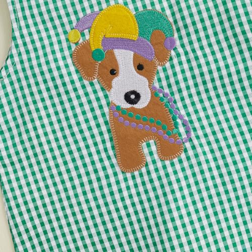 Lamuusaa Newborn Baby Girl Boy Mardi Gras Outfit Sleeveless Plaid Mardi Gras Dog/Truck Embroidery Romper Jumpsuit 0-18M4