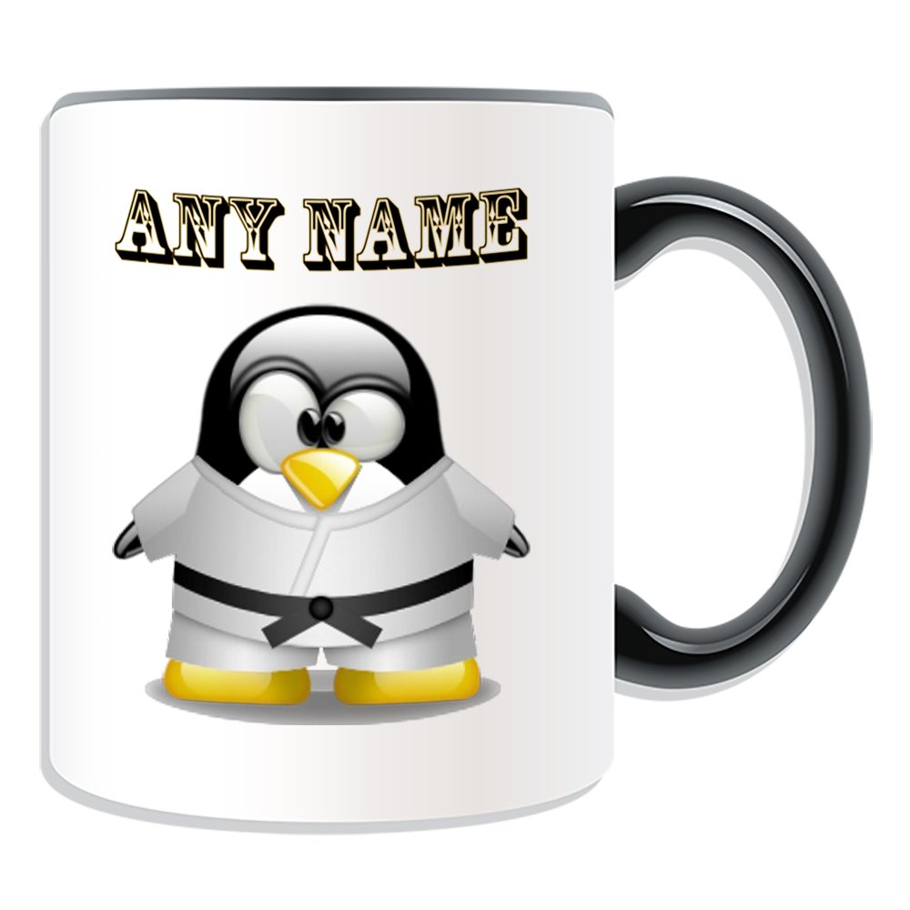 Unigift Black Personalised Gift - Karate Belt Mug (Penguin In Costume Design Theme, Colour Options) - Any Name/Message On Your Unique - Judo In White