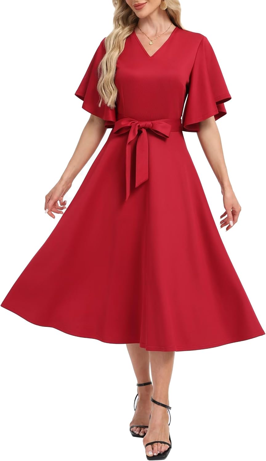(Size may vary) DNFUN Women's Cocktail Dresses 2025 Formal Wedding Guest Church Modest Christmas Party Prom Dress Red Large