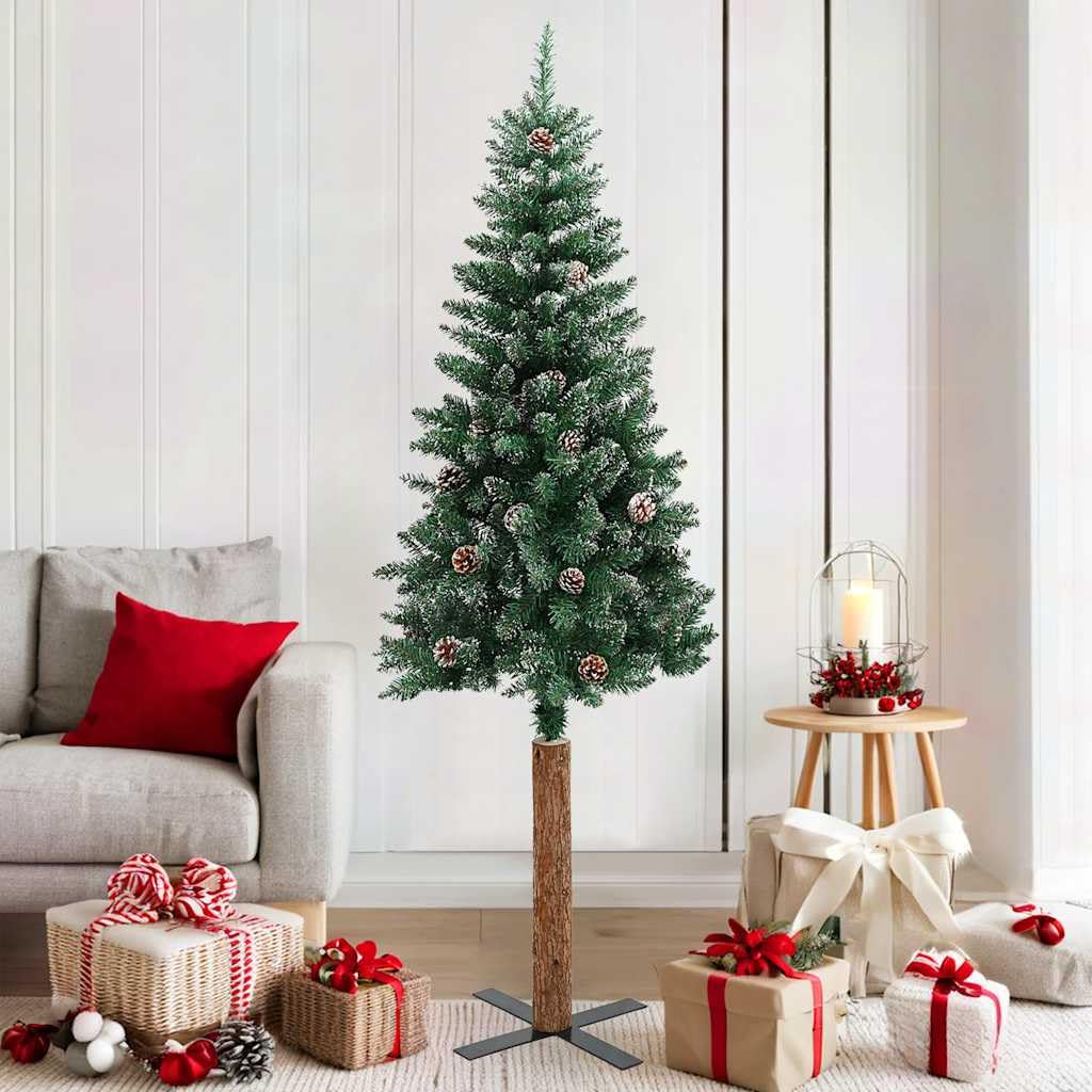 Árbol de Navidad artificial delgado de 180 cm con madera auténtica, nieve y ramas de coníferas, verde, de PVC, pino y acero, estable, duradero, para interior y exterior protegido