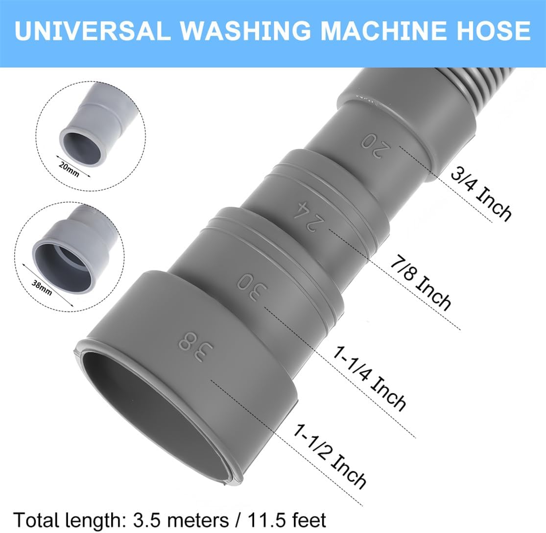 Washing Machine Drain Hose Universal 11.4 FT Dishwasher Drainage Hose Flexible Corrugated Washer Hose Extension Kit with 1 U-Bend Holder, 1 Extension Adapter and 4 Steel Clamps