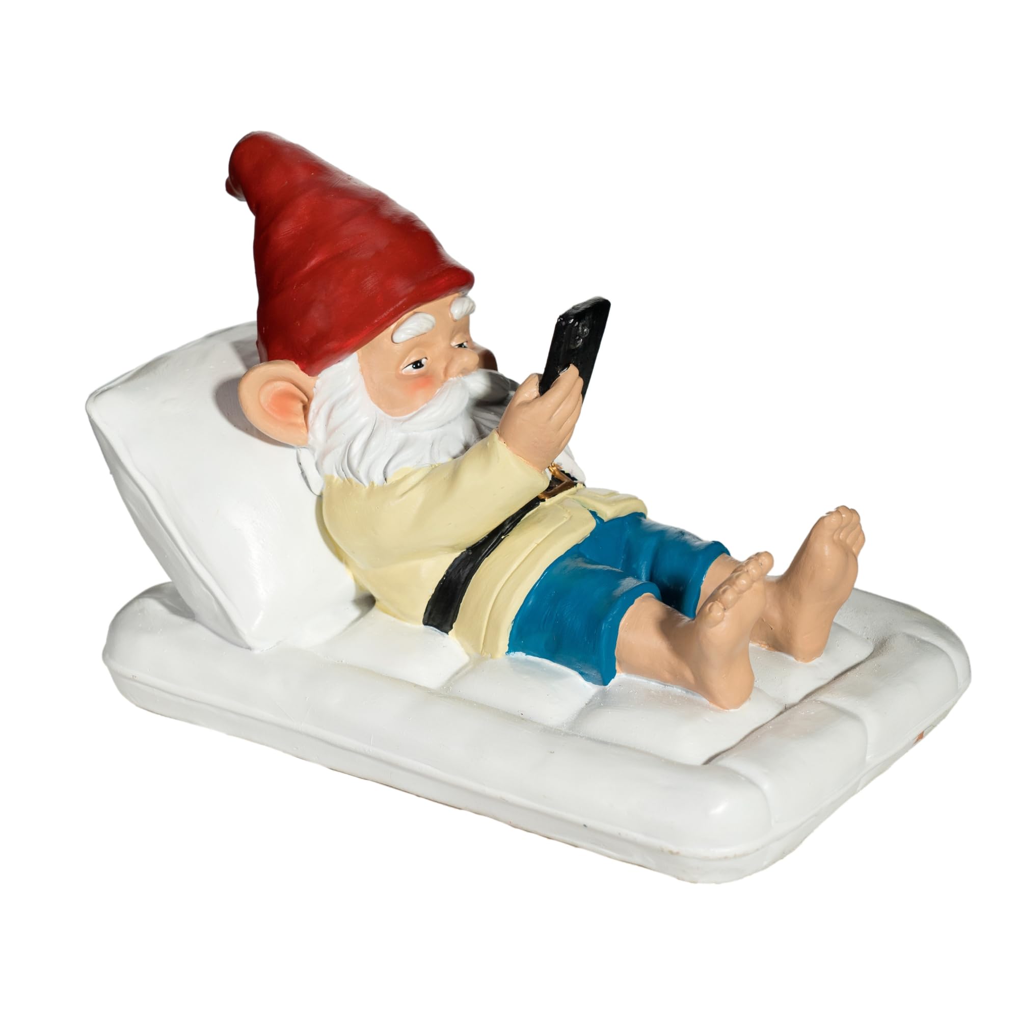 Gnomo da giardino rilassante con smartphone, statua decorativa per esterni, in resina, dipinta a mano, divertente decorazione moderna da giardino, materasso gonfiabile stravagante da 20,3 cm