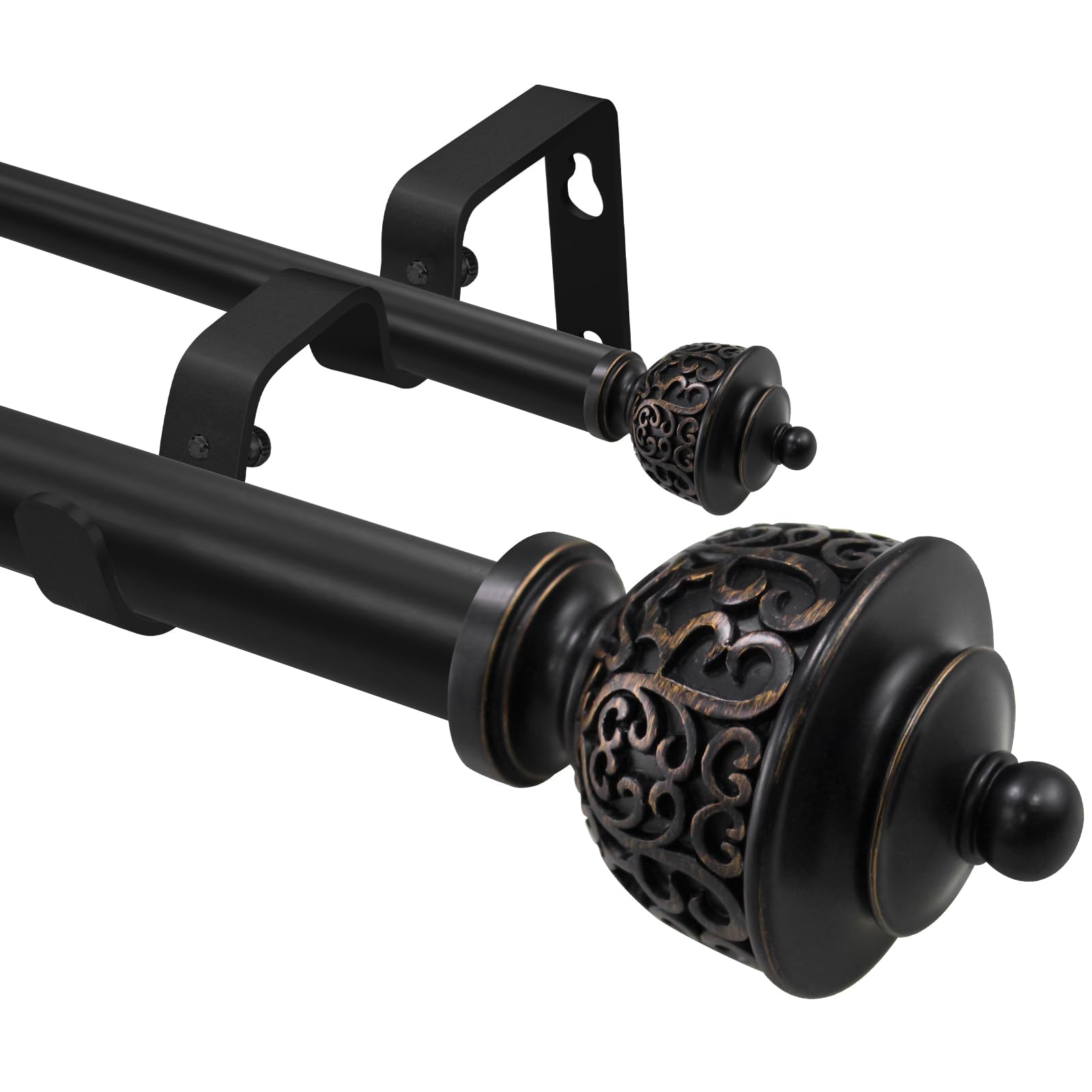 Photo 1 of 1 Inch Black Double Curtain Rod with Vintage-style Finials-Tension Curtain Rods 48-84 Inchs for Bedroom&Home Decor