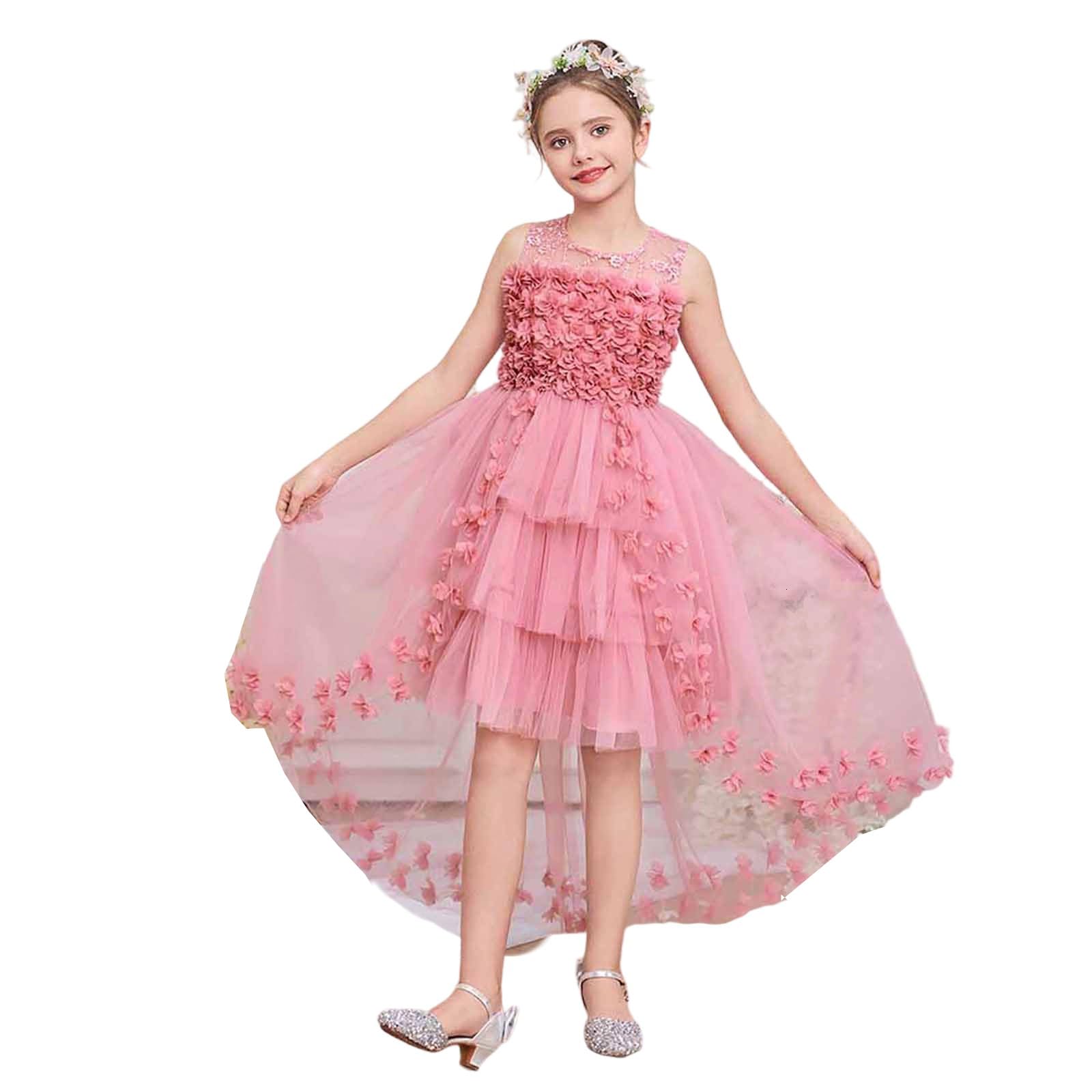 Vestidos para niñas: Elegante Vestido con Cola Floral 3D Fiesta Informal Edades de 7 a 12 años, Encaje, Ligero y Bordado, Ideal Uso Diario, Tendencia Infantil Estilo Casual/g