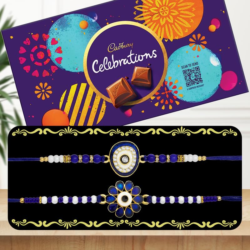 Image of Canton Rakhi Combo Gift Hamper Pack of 2 Rakhi For Brother With Chocolate, Rakhi With Cadbury, Greeting Card & Roli Tilak (Design-6, 2 Rakhi With Celebration)