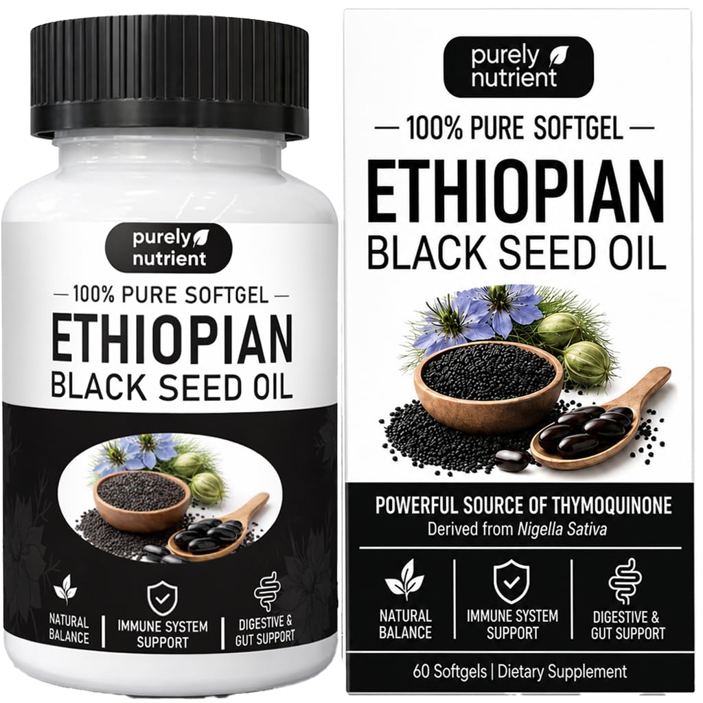 Purely Nutrient Ethiopian Black Seed Oil Capsules, Purely Black Seed Oil Organic Cold Pressed with 4.64% Thymoquinone, Aceite Etíope De Semilla Negra - 60 Softgels