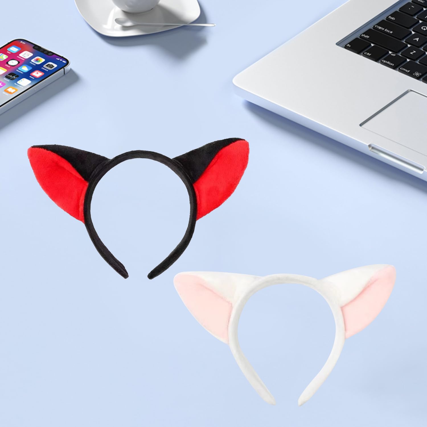 Bohue 2 Pieces Fox Ears Headband Cartoon Fox Halloween Hair Hoops Plush Animal Ears and Horns Headband Halloween Costumes Cosplay Party for Adult (White) - Image 3