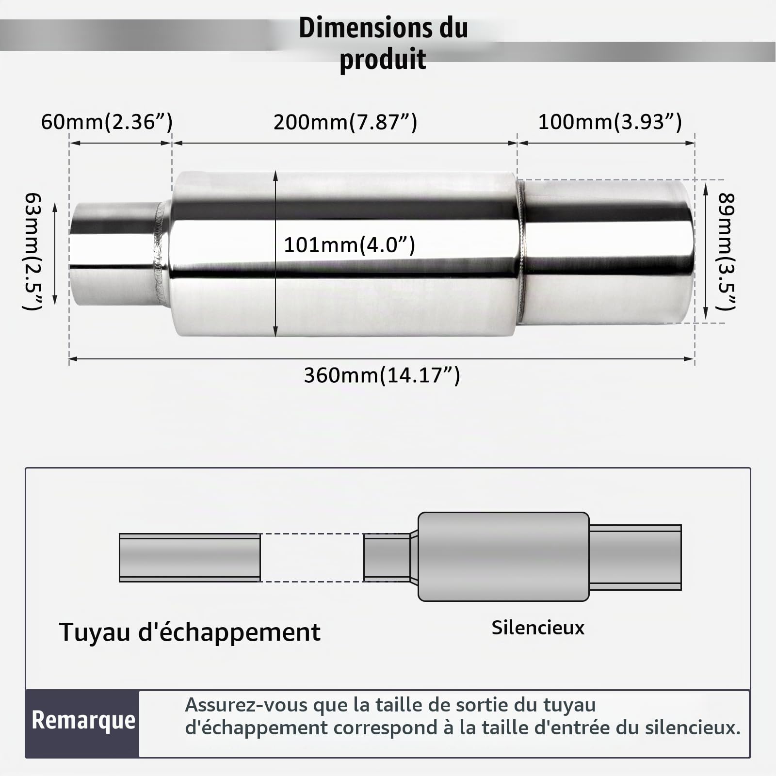 Catekro Silencieux Echappement Voiture Sport 63mm Inox, 2,5" Entrée