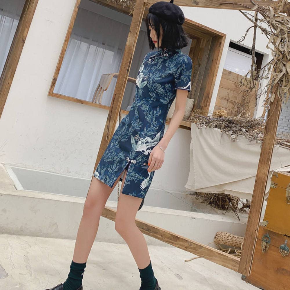 Abito Cheongsam Migliorato,Abito Cheongsam Blu Navy retrò Maniche Corte Mini Abito Sexy Orientale Giapponese Gru Qipao Elegante Abito da Cocktail Aderente Abito da Sera Etnico per Ragazze Donne
