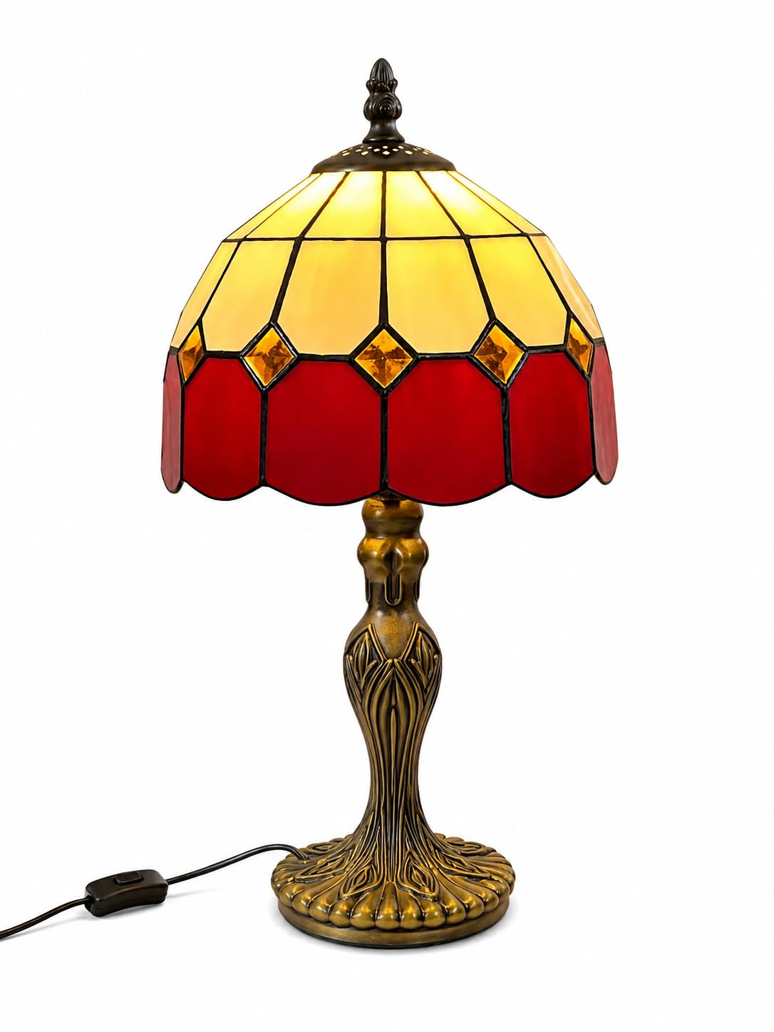 Loxton Lighting Bistro Stained Glass Tiffany Table Lamp Complete for Bedside Table Coffee or and Table or for Night Light (Red)