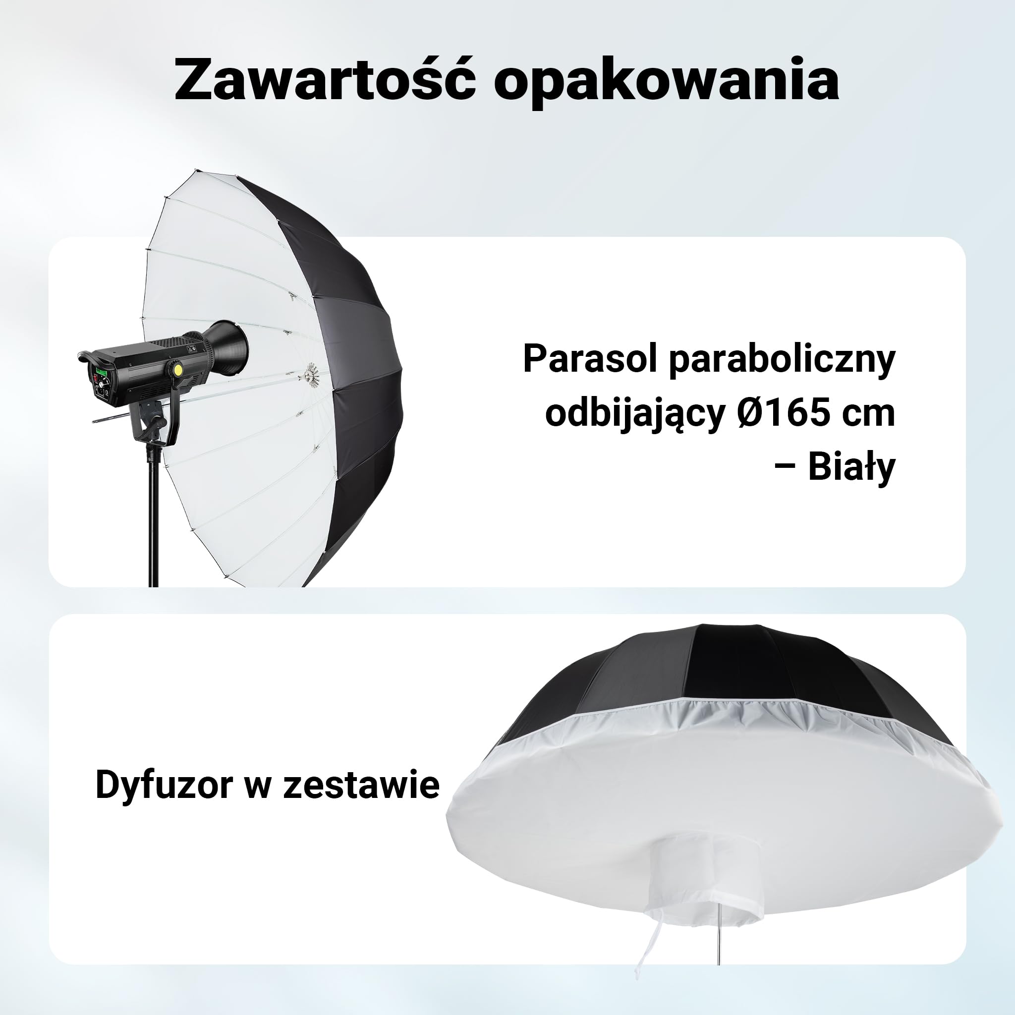 Walimex pro Parasolka paraboliczna refleksyjna czarna/biała Ø 165 cm + dyfuzor – zestaw modyfikatorów światła do fotografii i filmu