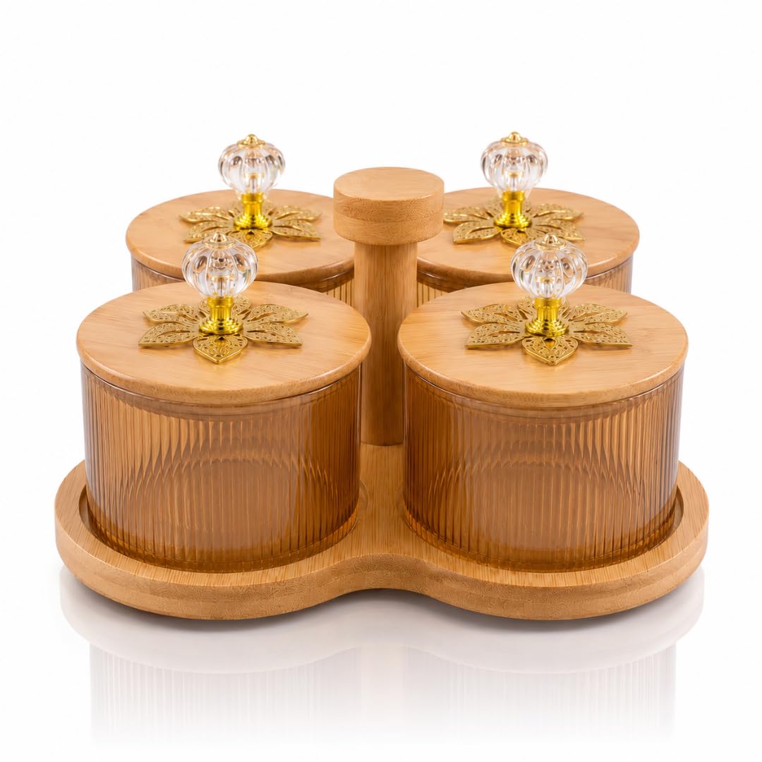 4 Jar Borosilicate Glass Storage Container Set with 360° Revolving Bamboo Tray (Round Jar with Knob)-image-18