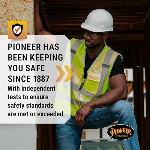 Miniatura 7 de Pioneer Chaleco de seguridad para hombre, malla reflectante de neón Hi Vis, 8 bolsillos, cierre de cremallera para construcción, tráfico, trabajo de
