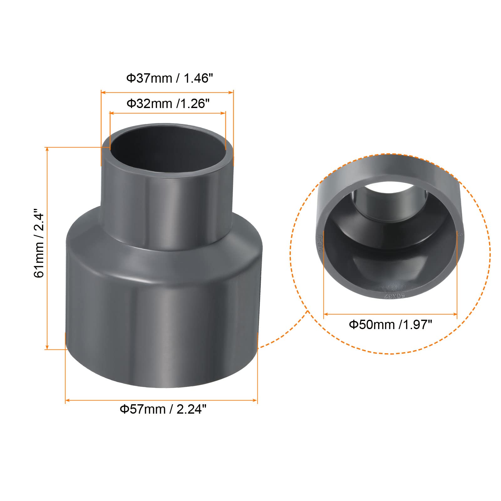 PATIKIL PVC Reductor Tubo Montaje 50x32mm, 3 Paquete Recto Acoplamiento Adaptador Conector, Gris — view 2