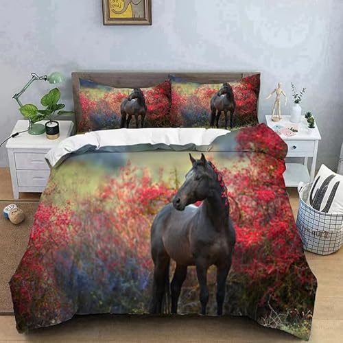 KKPLMM Capa nórdica para cama 135 110 g/fagor microfibra, cavalos, vermelhos, capa nórdica 3D, 220 x 220 cm + 2 fronhas de almofada 50 x 75 cm, decoração de quarto, presentes personalizados