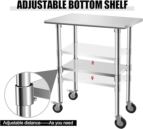 Miniatura 2 de Hasopy Mesa de acero inoxidable, mesa de trabajo de 30 x 18 pulgadas con ruedas, 2 estantes, mesa de preparación de metal para cocina comercial,