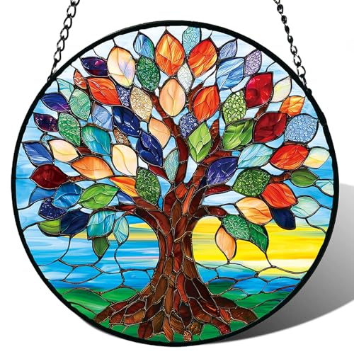 Stained Glass Window Hanging, Colorful Tree of Life...