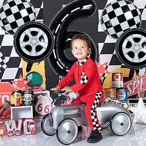 Image of TONIFUL Race Car Black Balloons Car Birthday Party Supplies,40 Inch Giant Jumbo Helium Foil Mylar Big Number 6 Digital 6 Balloons for Boy's Birthday Party Truck Race Car Theme Party Decorations | 6th 16th 26th Race Car Birthday Party Supplies Foil Black 6 Balloon for Boys Men Fast Checkered Flag Party Decor