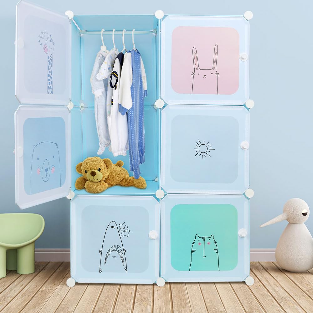 Armadio in plastica modulabile 6 cubi con ante per giocattoli 74x37x110 cm blu