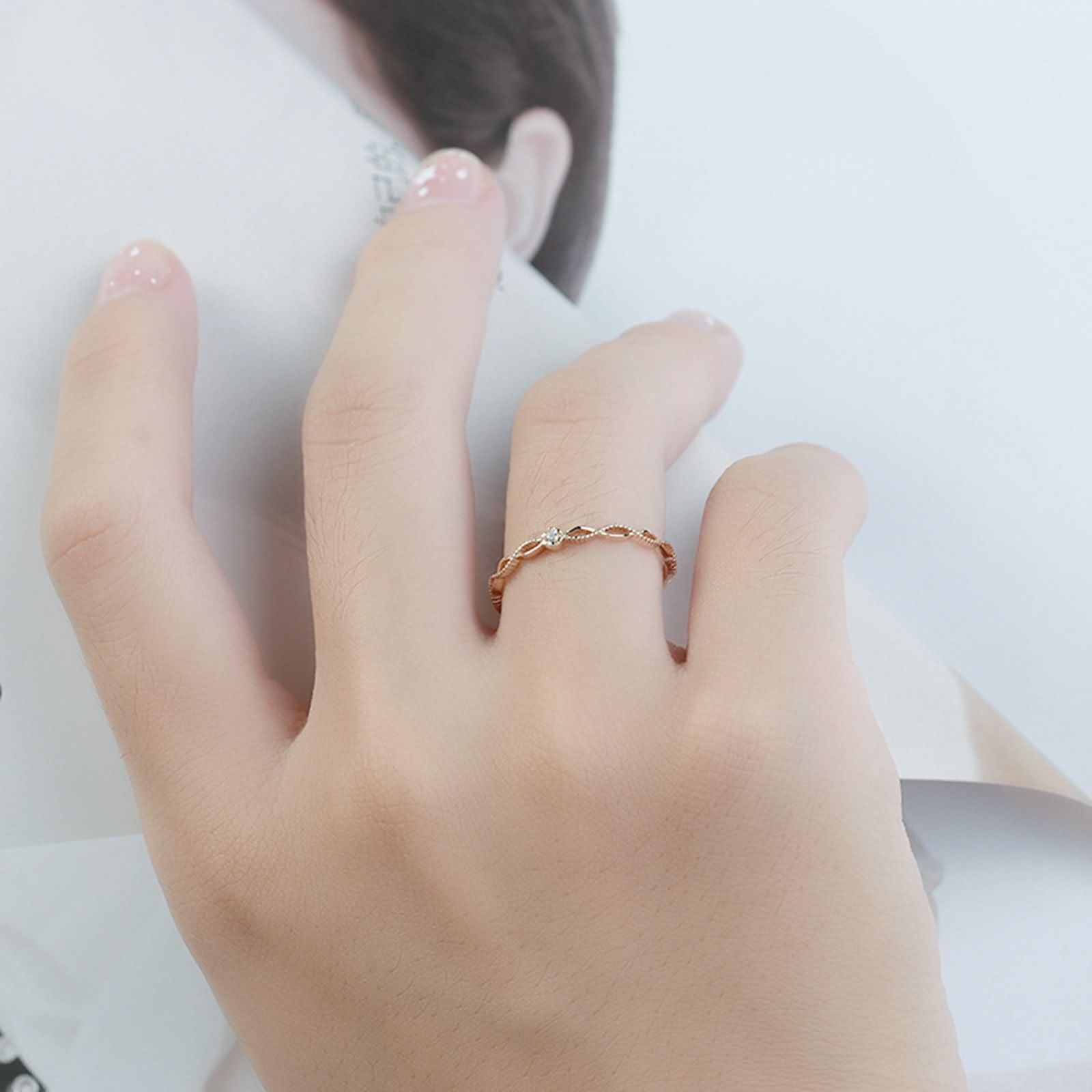 Anillo apilable de oro amarillo de 9 quilates, 14 quilates y 18 quilates, fino para mujer, anillo de diamante infinito clásico y delicado de oro real