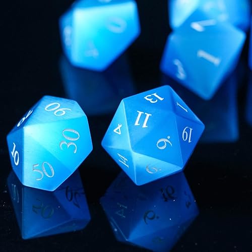 Miniatura 6 de UDIXI Gemstone DND - Juego de 7 dados poliédricos de piedra para juegos de mesa RPG (ojo de gato azul)