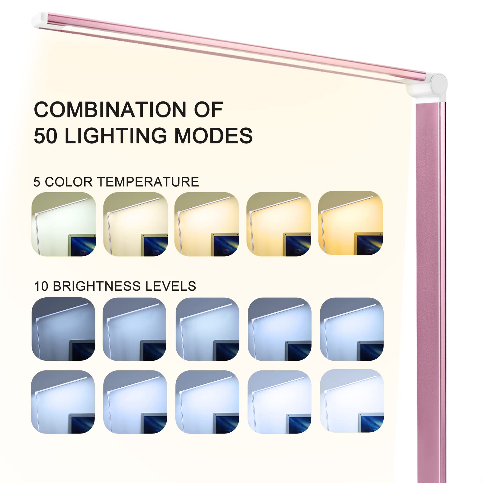 LED-Schreibtischlampe, Schreibtischlampe mit USB-Ladeanschluss, 5 Farbmodi, 10 Helligkeiten, natürliches Licht, augenschonende Leselampe, Schreibtischlicht für Heimbüro, Auto-Timer, Rosa