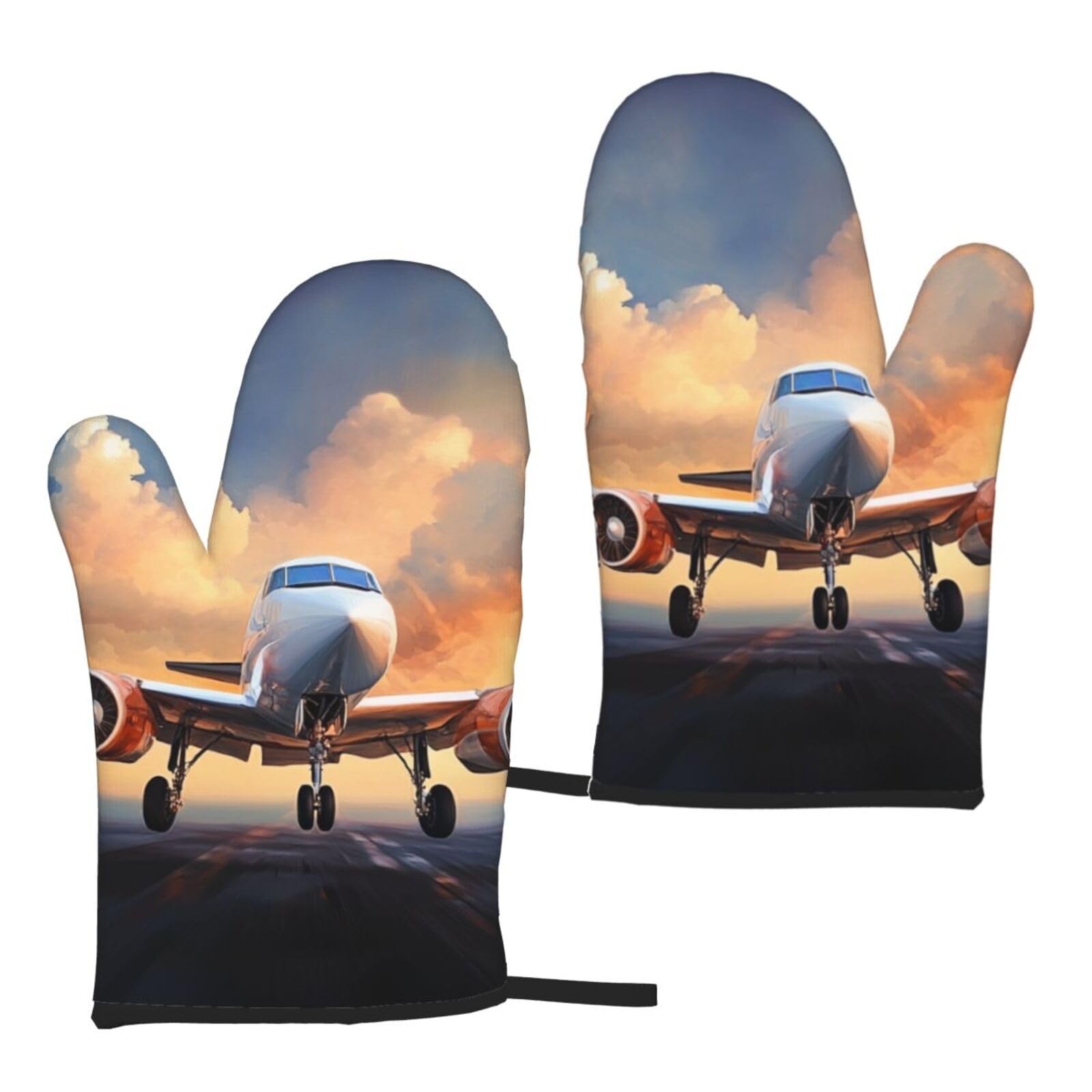 airplane Printed Oven Mitts Sets 2 PCS Heat Resistant and Non-Slip Glove Potholder for Kitchen Cooking Baking Grilling