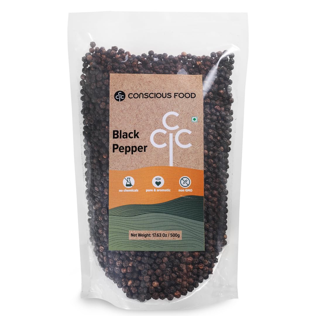Conscious Food Whole Black Pepper (Kali Mirch) - 17.637 Oz (500g) - Pure & Aromatic Spice, Black Peppercorns, Handpicked & Sustainably Sourced