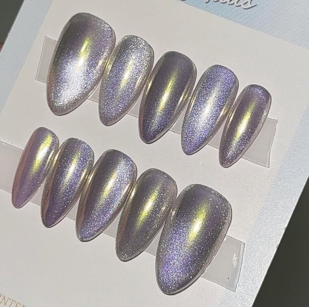 HAPPY FINGERS Artificial Nails - Handmade Press-on with Cats Eye Effect Pack of 12 Almond Shape | Reusable, Pre-Designed | Perfect Decorative Fake Nails for Women & Girls (Lavender Mist)-picture-13