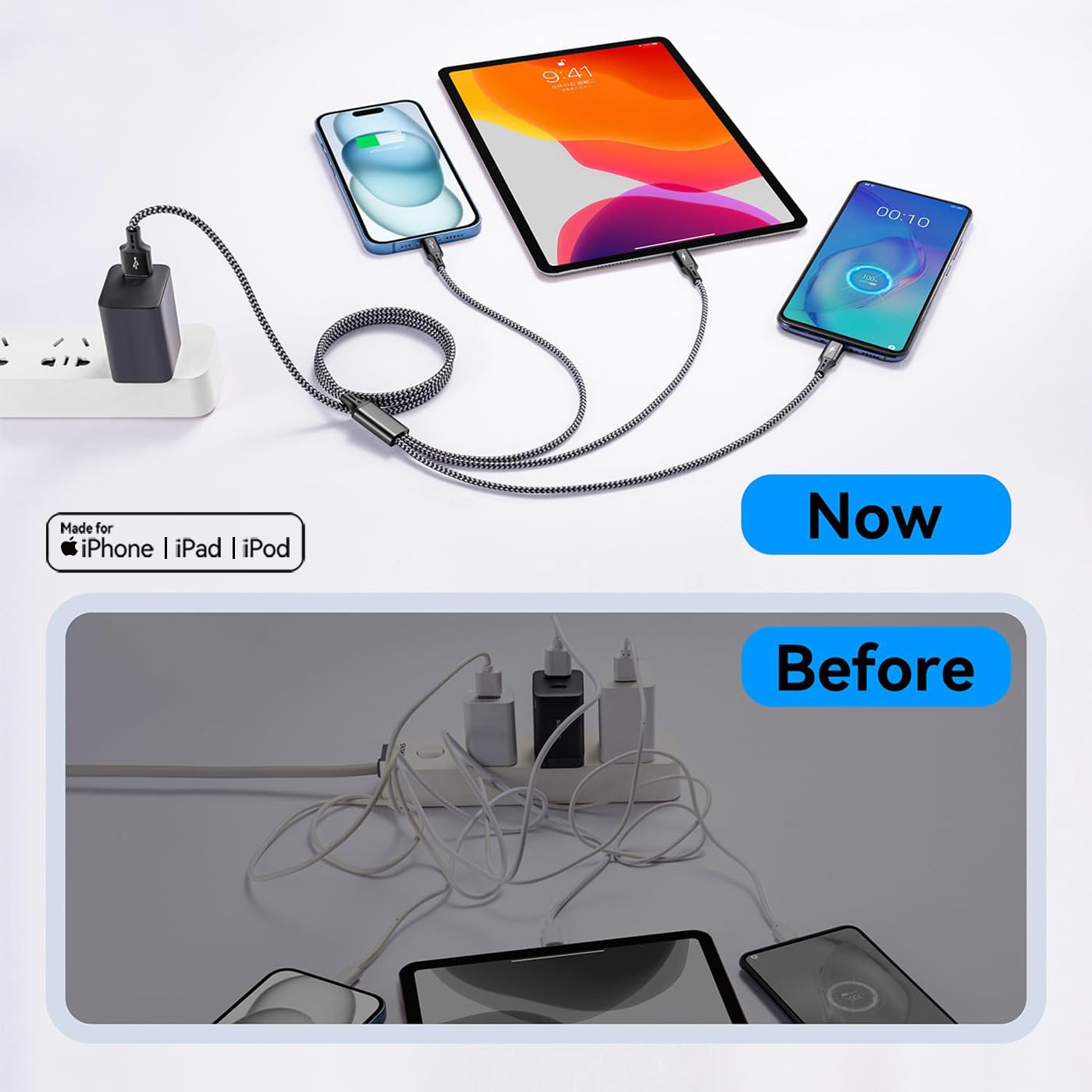 USB Ladekabel 3 In 1 – 1,2 M Nylon Geflochten – Mit Lightning, USB-C & Micro-USB – Für IPhone, Android, Tablet, PS Uvm.