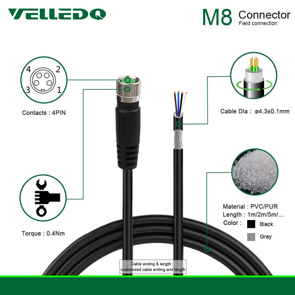 Industrial Pre-Wired M8 Connector Cable 4-Pin Female A-Coding 3M/10FT PVC Shielded Line