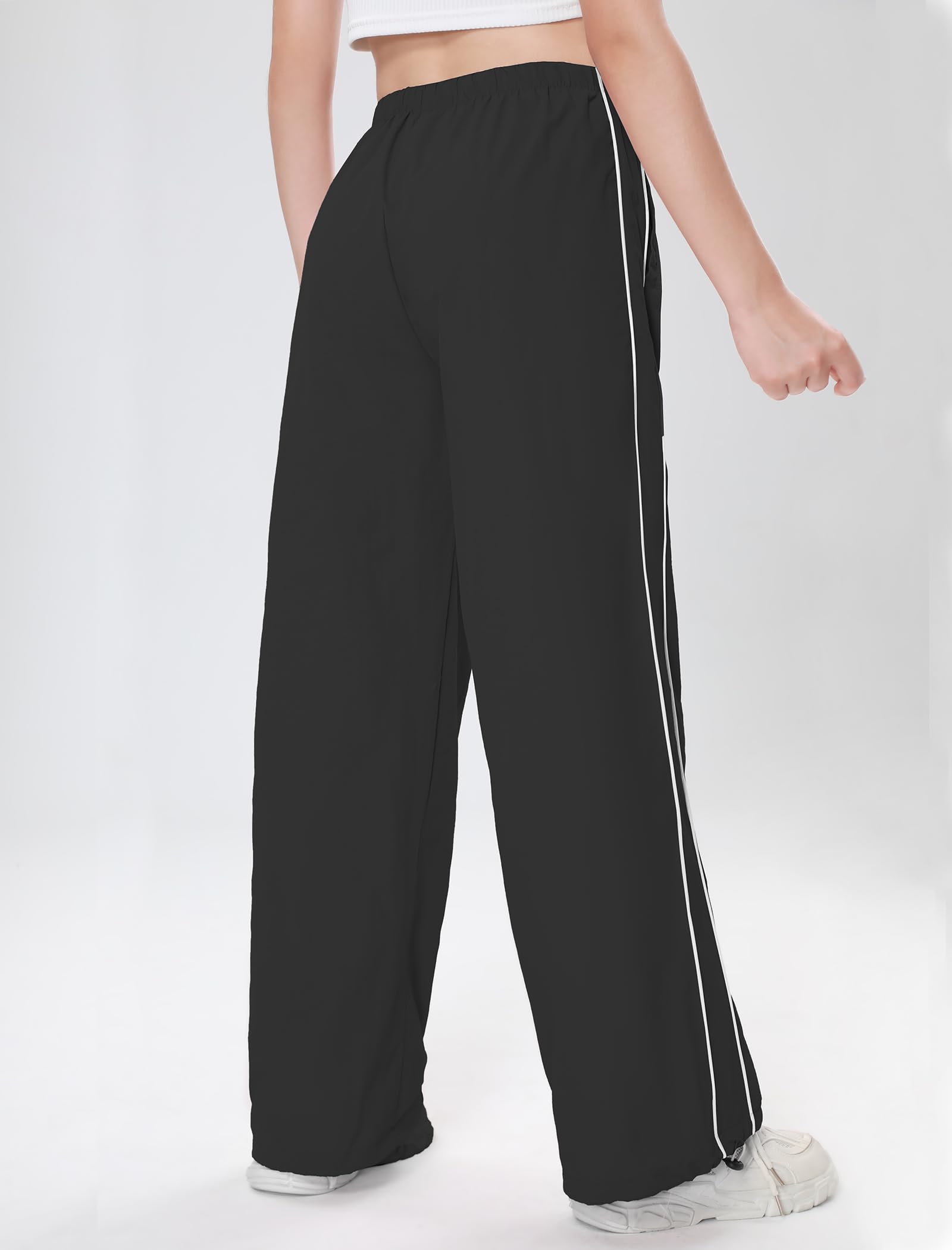 EXARUS Girls Parachute Pants Wide Leg Baggy Y2k Drawstring Elastic Hip Hop Dance with Pockets Kids Black 10Y