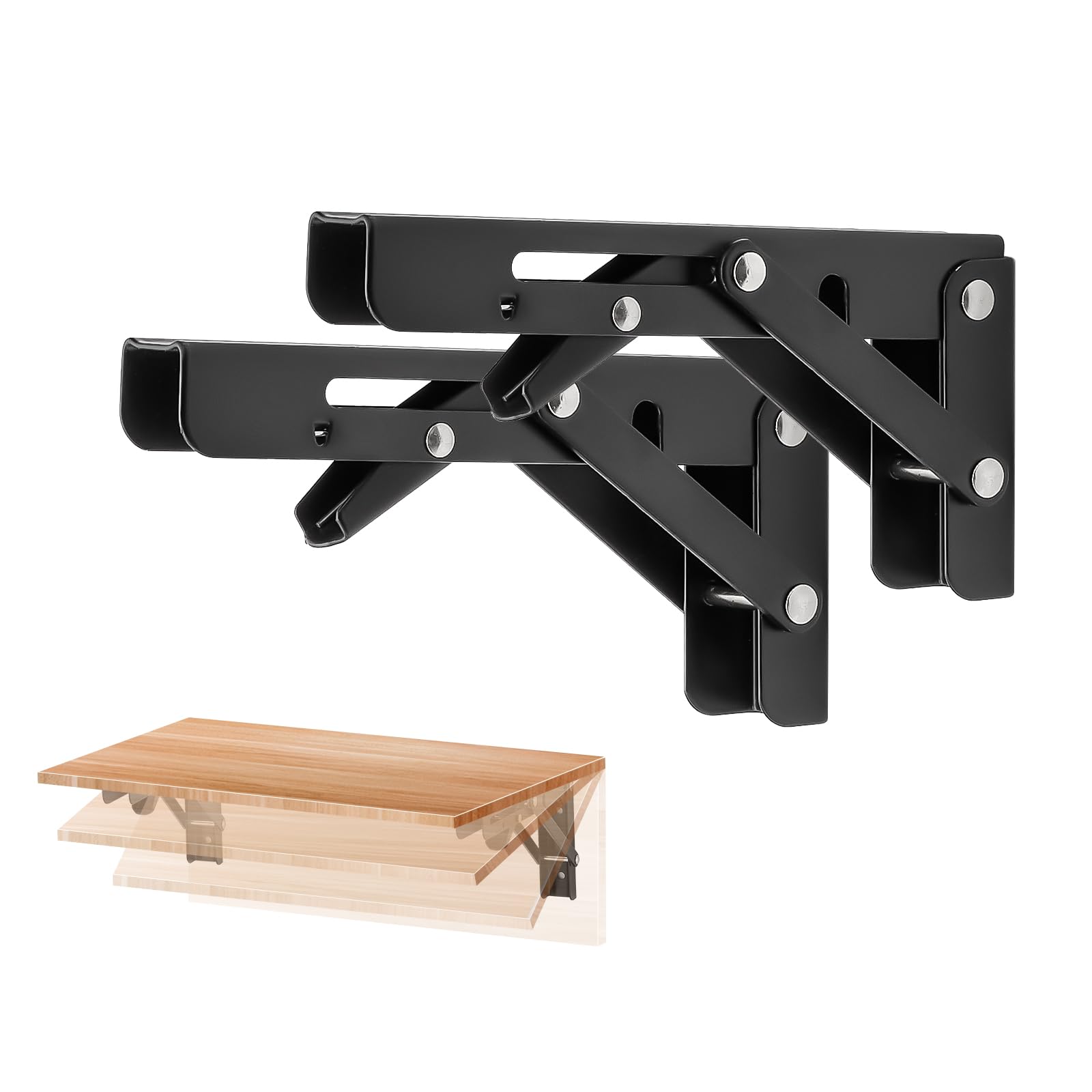 Ravinte 2 Pack 6 Inch Folding Shelf Brackets – Matte Black, Heavy Duty Collapsible Brackets for Tables and Benches – Space-Saving Design
