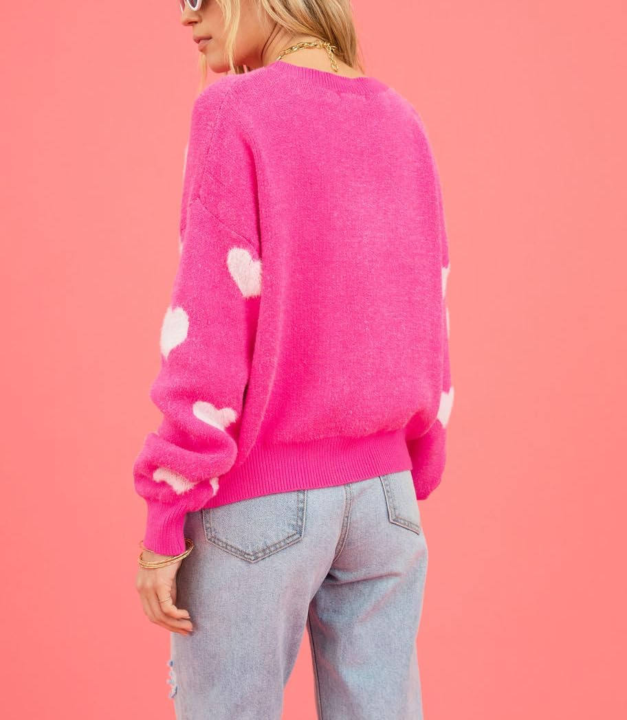 Cute Pink Heart Sweater for Women Knitted Love Sweaters Tops Holiday Outfits Crewneck Long Sleeve Pullover Shirts - Image 5