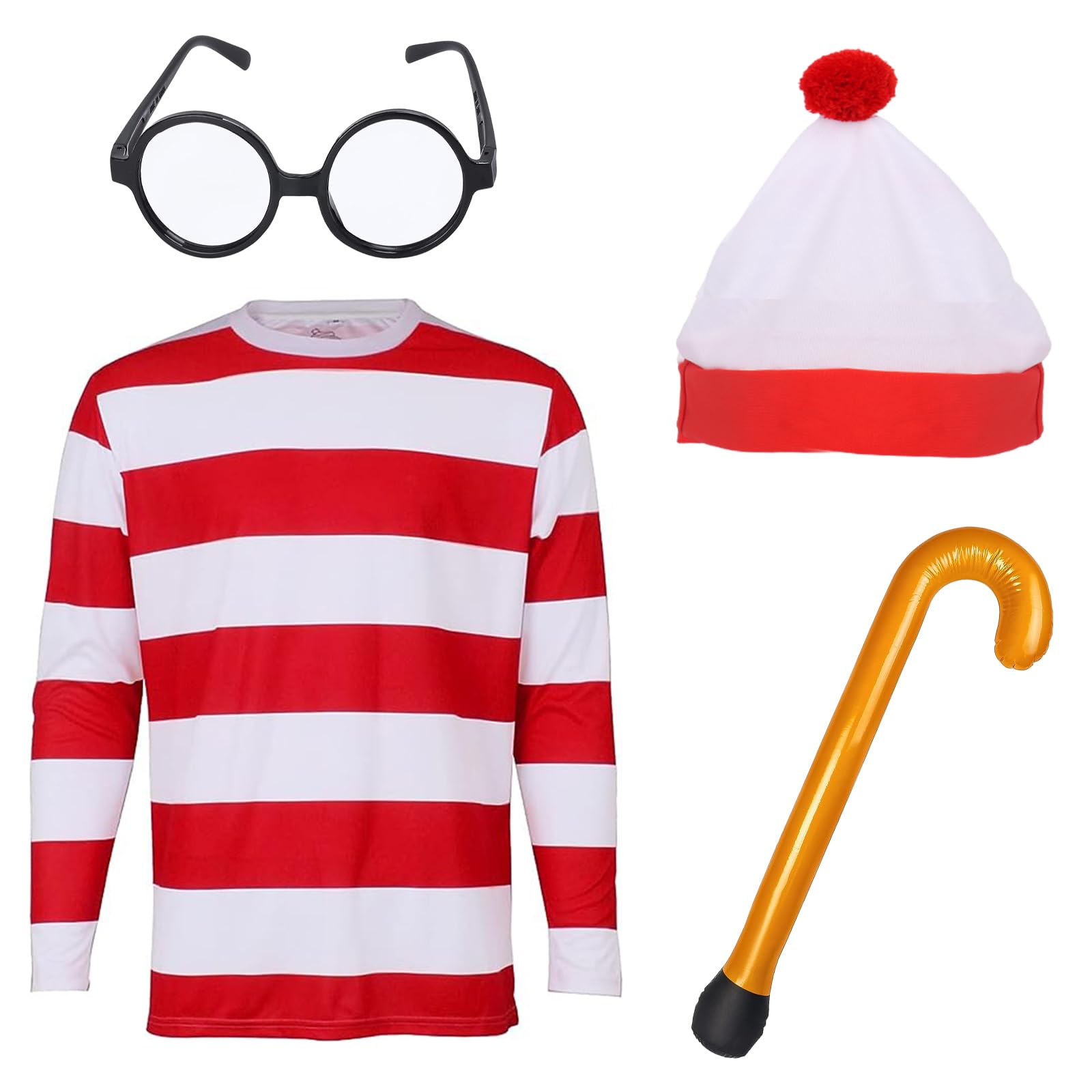 Yi-gogAdult Women Costume Sets Red and White Striped T-shirt Beanies Cap Striped Socks Glasses Halloween Cosplay